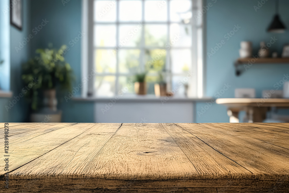 Aufkleber wooden table with a view of a window and a potted plant. the table is empty and the room is bright a