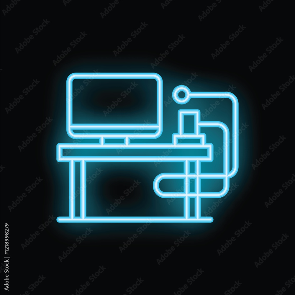 Poster neon blue icon of an office desk with a desktop computer on it, representing a modern workspace