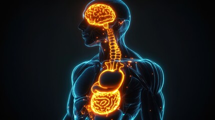 human anatomy with glowing organs showcasing brain, heart, liver, and intestines
