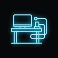 Neon blue icon of an office desk with a desktop computer on it, representing a modern workspace