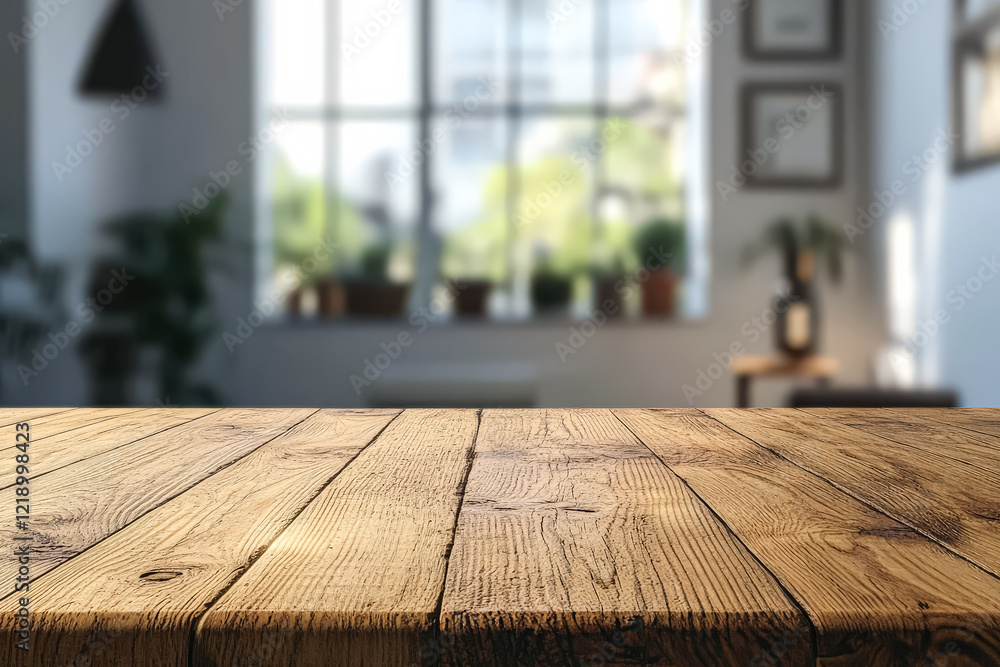 Aufkleber wooden table with a view of a window and a potted plant. the table is empty and the room is bright a