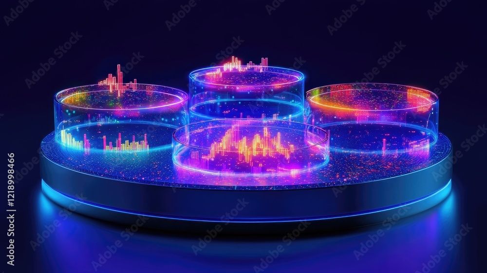 Poster a conceptual image of stock market analytics with glowing holograms and charts.