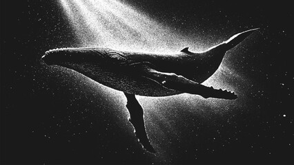 Majestic humpback whale floating gracefully in deep starry space ocean in contrast dreamlike black and white stippling style. Dotwork. Pointillism. Noisy grainy shading using dots. Vector background