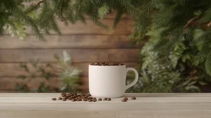 Coffee Beans in White Mug on Wooden Table Rustic Background