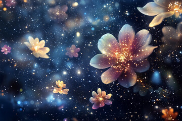 Beautiful glowing flowers in a cosmic setting with sparkling stars and a dark background