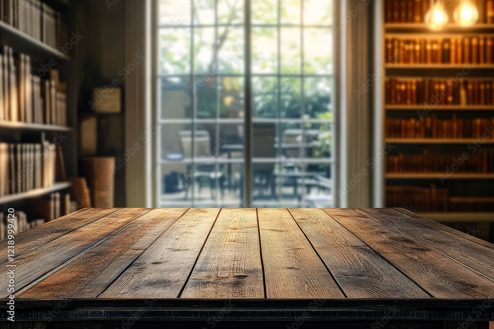 Poster wooden table with a view of a library. the table is empty and the view of the library is blurry