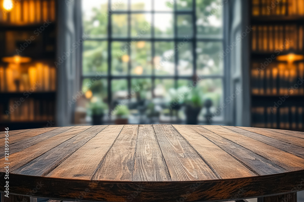 Poster wooden table with a view of a library. the table is empty and the view of the library is blurry