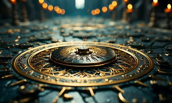 Ornate golden compass in dark temple, candles blurred background, fantasy game design