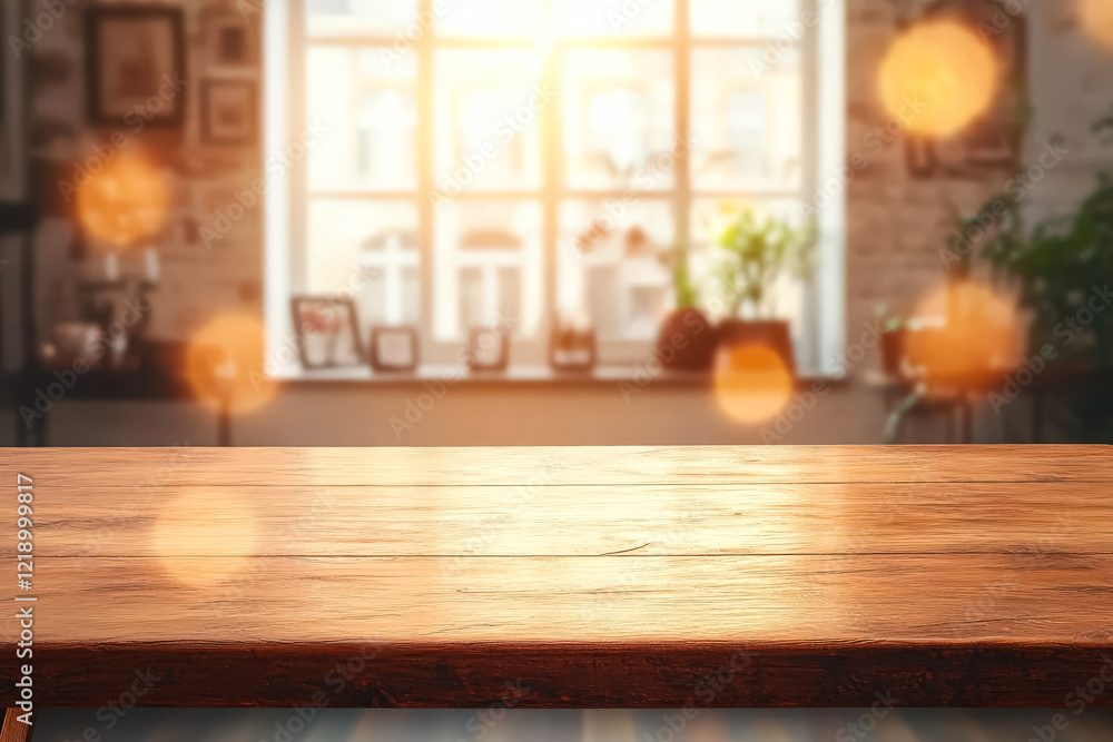 Poster wooden table with a window in the background. the table is empty and the window is letting in sunlig