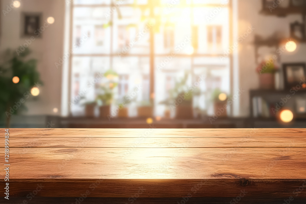 Poster wooden table with a window in the background. the table is empty and the window is letting in sunlig
