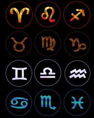 Zodiac signs set, linear icon of horoscope symbol in round frame in Water, Earth, Air and Fire element style