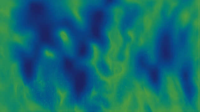 Abstract digital heat map with vibrant gradient hues of blue and green forming irregular amoeba-like shapes in a pixelated, textured appearance. Modern and conceptual thermal scan-inspired design.