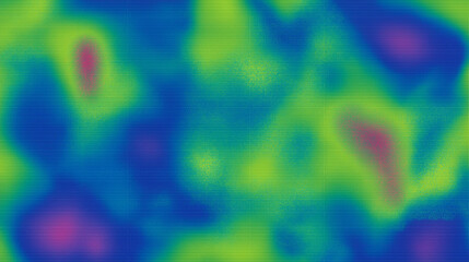 Abstract digital heat map with vibrant gradient hues of blue and green forming irregular amoeba-like shapes in a pixelated, textured appearance. Modern and conceptual thermal scan-inspired design.