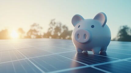 Innovative solar power technology visual with panels and piggy bank for energy investment savings