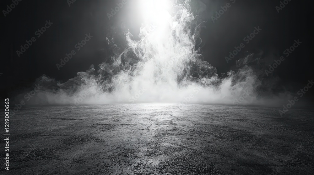 Poster dark room illuminated by a single light source from the ceiling creating dramatic shadows and ambian
