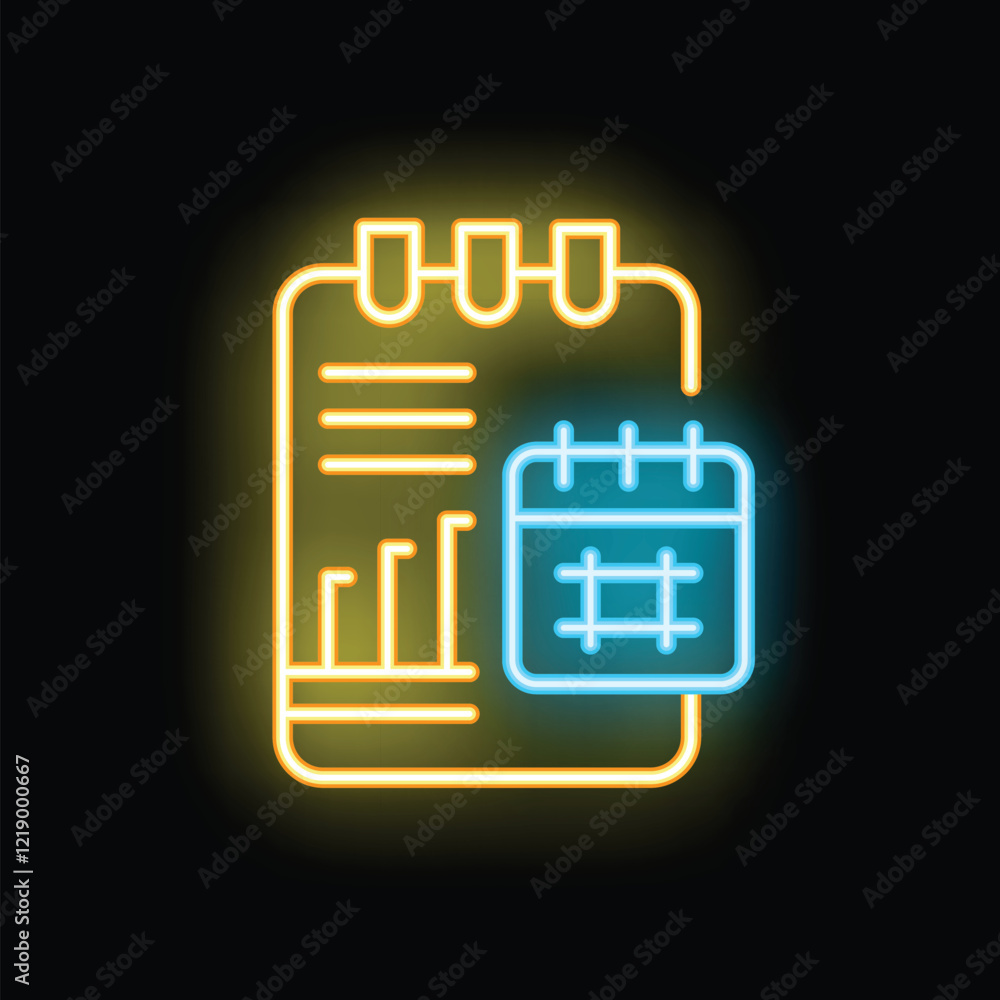 Aufkleber glowing neon icon of a calendar showing scheduled task on notepad, reminding of appointments and dea