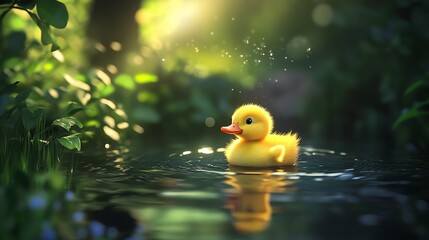 A cheerful yellow duckling floats serenely on a tranquil pond, surrounded by lush greenery and illuminated by soft sunlight, capturing the essence of peaceful nature.