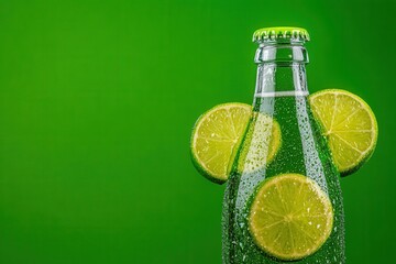 Refreshing Lime Soda Bottle With Bubbles On Green Background