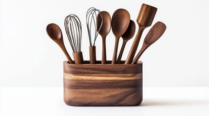 A stylish wooden kitchen utensil holder with spoons, spatulas, and whisks on a white isolated background
