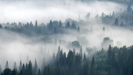 A dense forest shrouded in mist, seen from above. Tall pine trees stand amidst a sea of lush, verdant colors