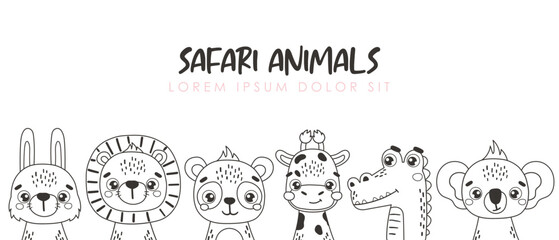 Safari animals set isolated, cute jungle animals, kids illustrations