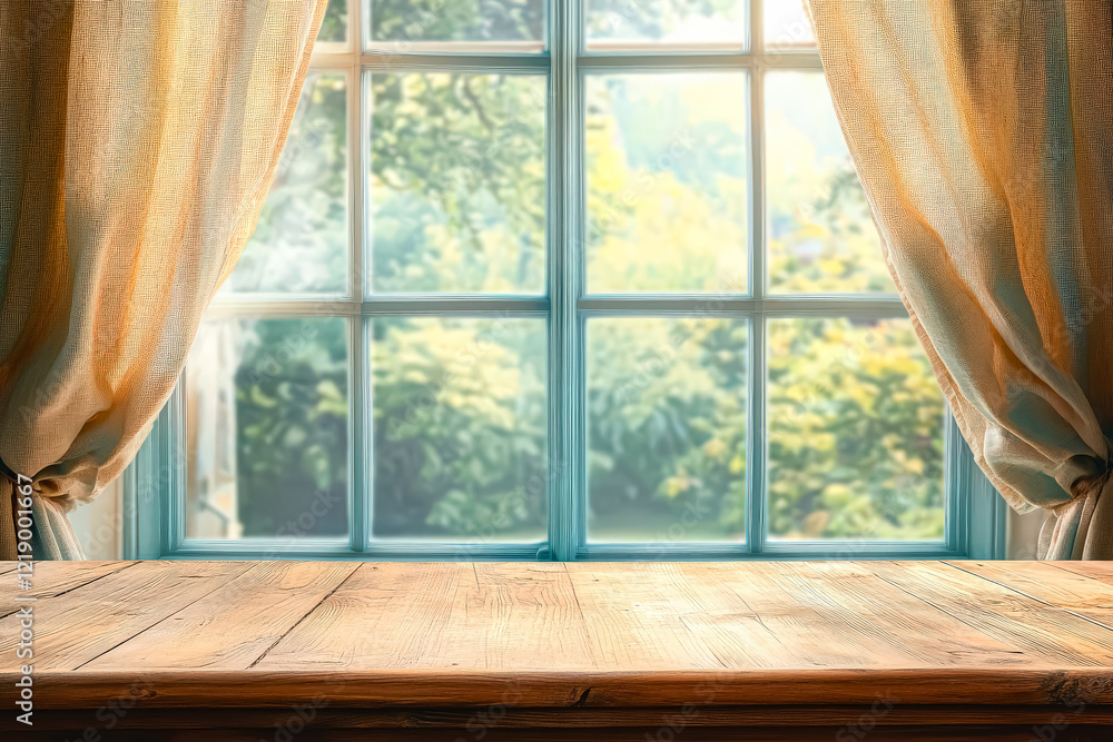 Poster window with a curtain and a wooden table in front of it. the curtain is open, letting in the sunligh