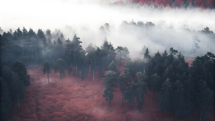 Fototapeta premium A dense forest shrouded in mist, seen from above. Tall pine trees stand amidst a sea of lush, verdant colors