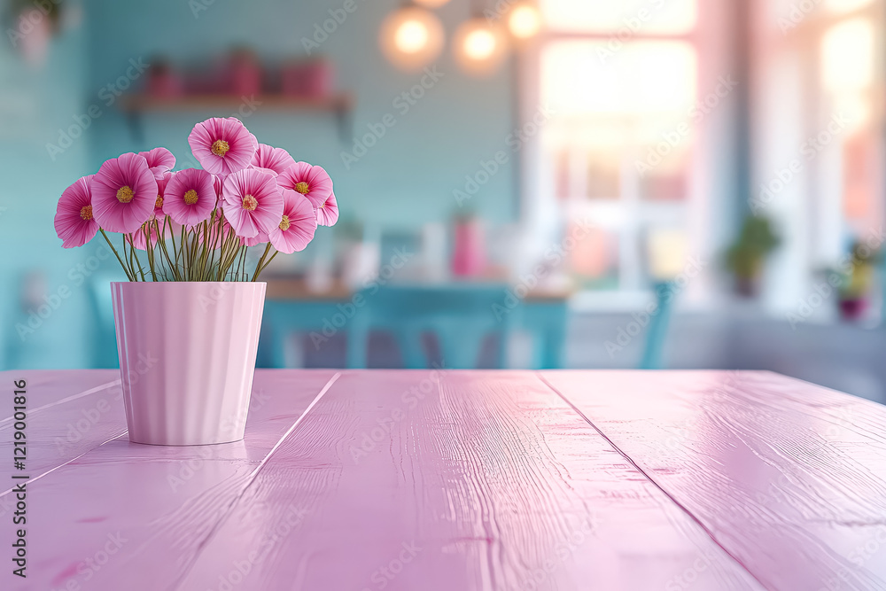 Poster vase of pink flowers sits on a table in a room. the flowers are arranged in a way that they are all 