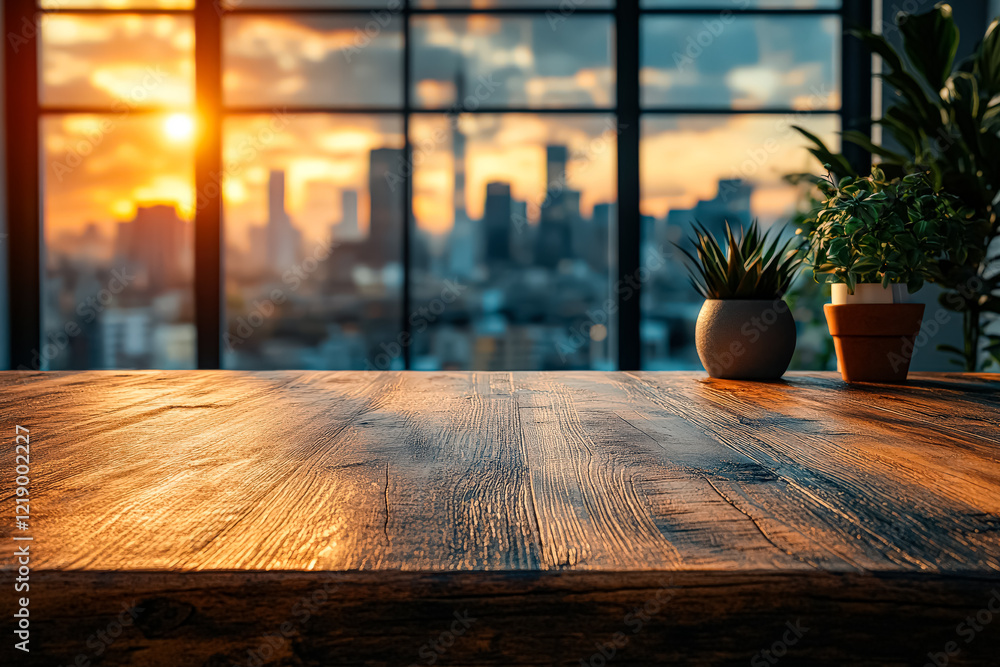 Poster wooden table with a city view in the background. the city is lit up with lights, creating a warm and