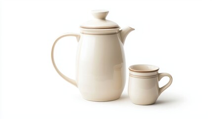 A high-quality ceramic coffee pot with a matching creamer, on a white isolated background
