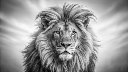 Majestic Lion Head: Dramatic Black & White Long Exposure Isolated on White Background