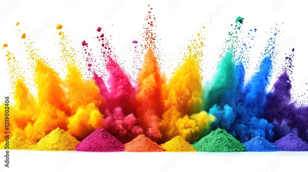 Poster colorful powder explosion creating a vibrant rainbow effect in mid-air with particles floating in a 