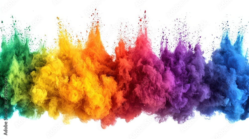Poster colorful smoke explosion on white background creating a vibrant and dynamic visual effect for artist