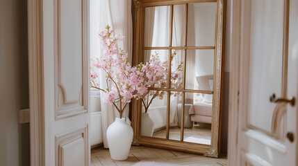 large gold-framed mirror with an open wooden square grid on the wall of a hallway. Next to it is a white vase in which pink flowers grow