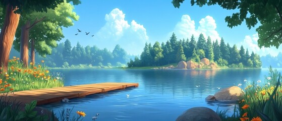 Beautiful landscape with a lake and a wooden bridge