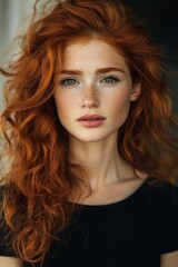 Fototapeta premium Young woman with curly red hair and freckles indoors