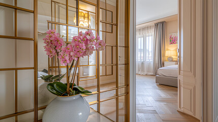large gold-framed mirror with an open wooden square grid on the wall of a hallway. Next to it is a white vase in which pink flowers grow