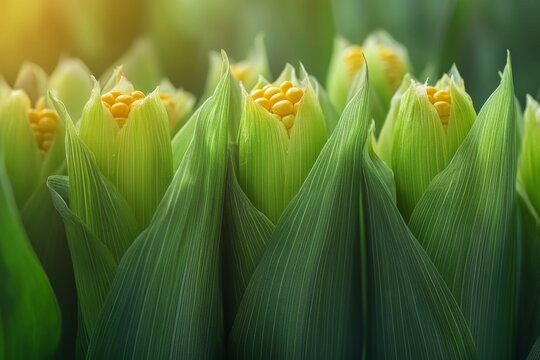 Close-up of opened corn cobs revealing yellow kernels surrounded by green husks