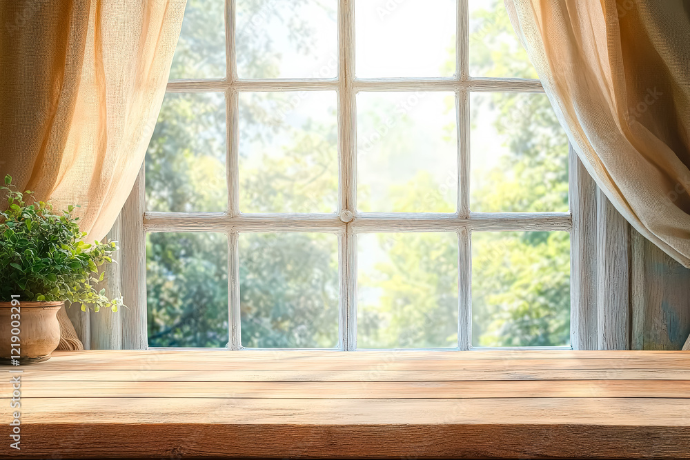 Aufkleber wooden table with a window in the background. the window is open and the curtains are drawn