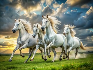 Obraz premium Majestic Lipizzaner Stallions Running Free in a Lush Green Pasture