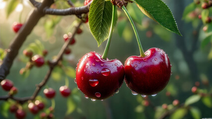 Obraz premium Freshly picked cherries hang from a branch in a lush orchard during the early morning, glistening with dew droplets that catch the soft sunlight filtering through the leaves