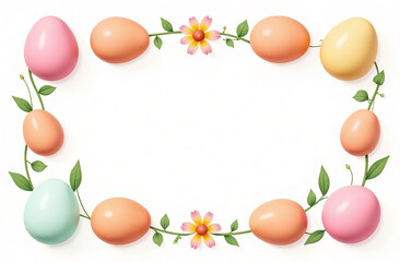 Eggs with spring creative pattern arranged in frame shape, empty space for text in center, pastel colors, white background.