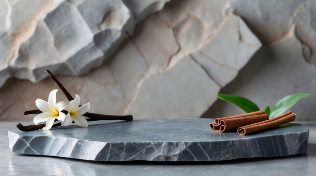 Elegant Spa Banner Featuring Nature Inspired Display of Cinnamon Roll Vanilla Flower and Grey Marble for Relaxing Ambiance Beauty Poster Mockup