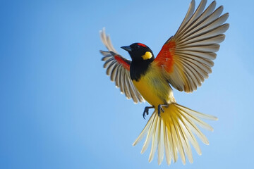 Colorful bird in mid-flight against a clear blue sky.