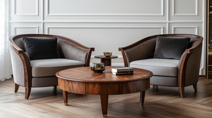 A Luxurious Living Room With Two Elegant Armchairs And A Stunning Wooden Coffee Table. The Room Is Beautifully Decorated With A Sophisticated And Calming Atmosphere.