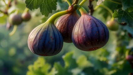 Freshly ripening figs hanging from branches in a sunlit orchard showcasing their vibrant color and natural sheen during the early morning hours in a serene agricultural setting