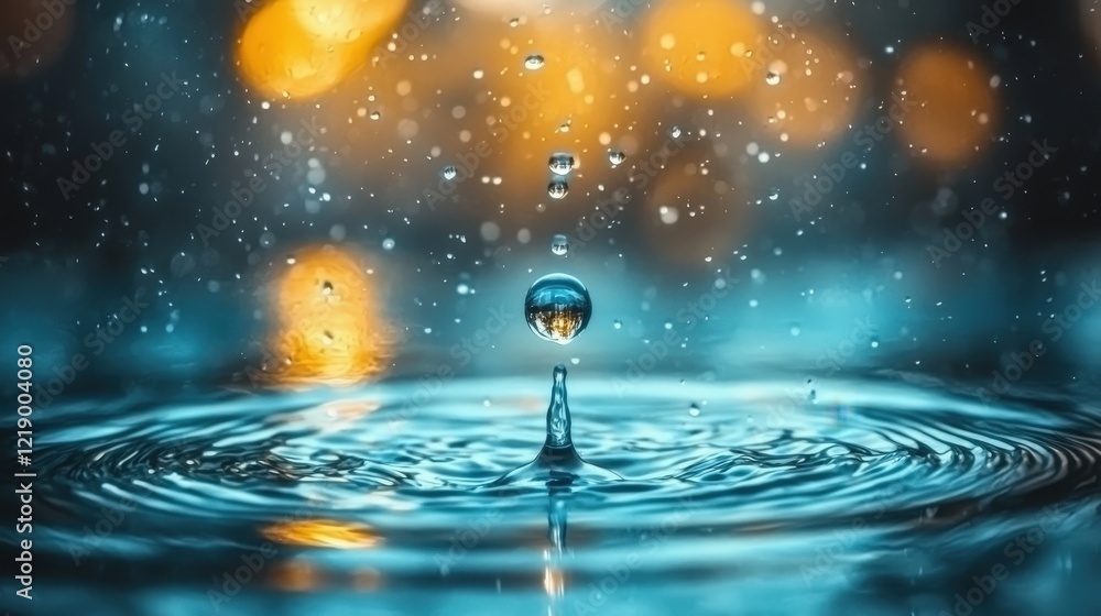 Poster water drop splashing on the surface of a lake with a yellow background creating ripples and reflecti