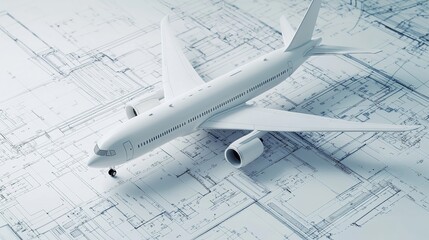 A sleek model airplane set against architectural blueprints, highlighting the blend of aviation technology and meticulous design.