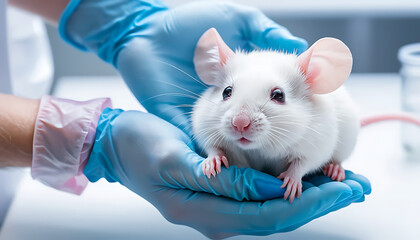 Care and Precision A Close-Up of a White Lab Mouse in Blue Gloved Hands
