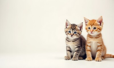 Fototapeta premium Contrasting Tabby and Ginger Kittens Posing Together Against White Background